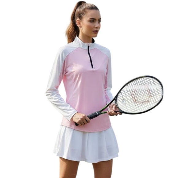 Sansoleil Tops - Sansoleil SunGlow Zip Mock Pink And White Long Sleeves UV 50+
Cooling